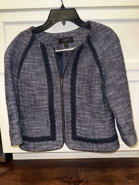 J. Crew Navy and White Cotton  Tweed Zip-Front Cropped Blazer